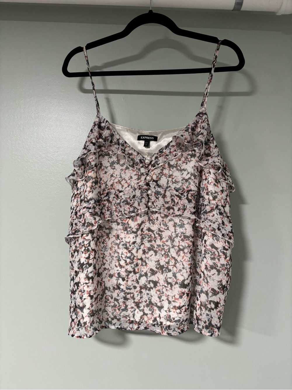 Express Pink and Black Floral Ruffle Cami